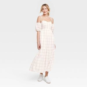 Women's Puff Short Sleeve A-Line Dress - Universal Thread Cream Plaid XS